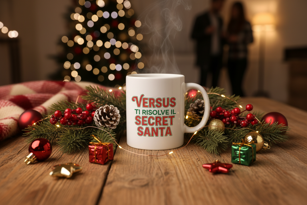 una tazza bianca in un clima natalizio con scritto sopra VERSUS TI RISOLVE IL SECRET SANTA